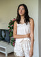 Women Summer Pajama Set Beige Top + Bold Floral Outline Shorts